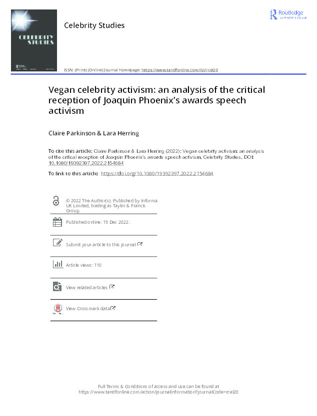 Vegan celebrity activism: an analysis of the critical reception of Joaquin Phoenix’s awards speech activism Thumbnail