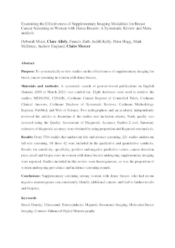 Examining the effectiveness of supplementary imaging modalities for breast cancer screening in women with dense breasts: A systematic review and meta-analysis. Thumbnail