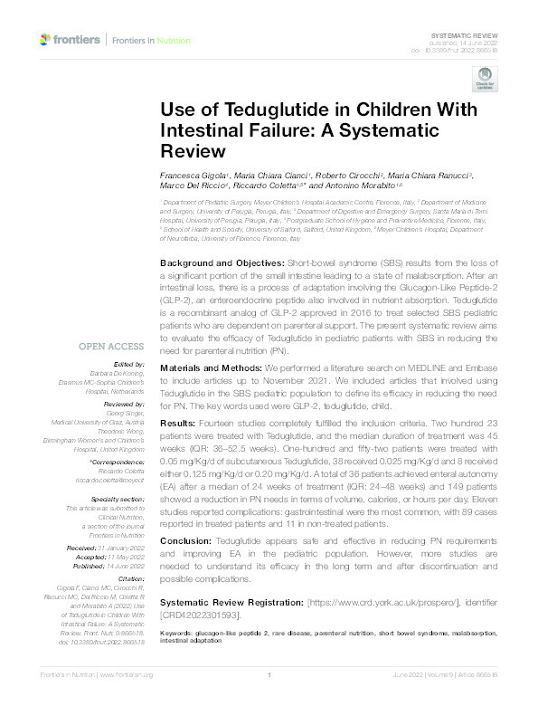 Use of teduglutide in children with intestinal failure: a systematic review. Thumbnail