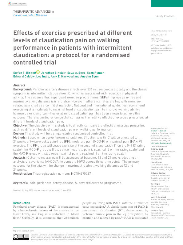 Effects of exercise prescribed at different levels of claudication pain on walking performance in patients with intermittent claudication: a protocol for a randomised controlled trial. Thumbnail