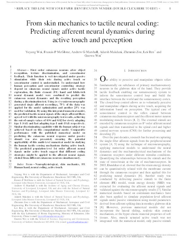 From skin mechanics to tactile neural coding: Predicting afferent neural dynamics during active touch and perception Thumbnail