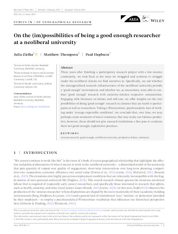 On the (im)possibilities of being a good enough researcher at a neoliberal university Thumbnail