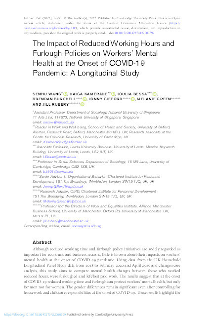 The impact of reduced working hours and furlough policies on workers’ mental health at the onset of COVID-19 pandemic: a longitudinal study Thumbnail