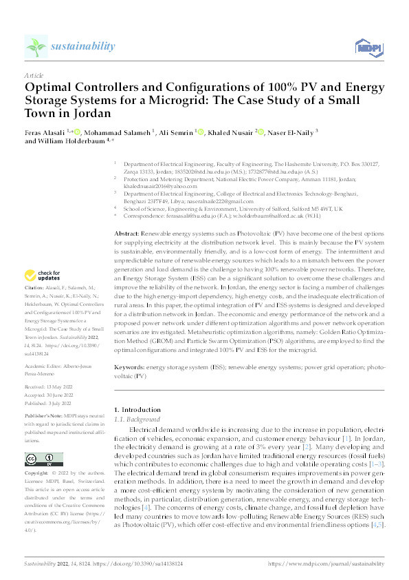 Optimal controllers and configurations of 100% PV and energy Storage systems for a microgrid : the case study of a small town in Jordan Thumbnail