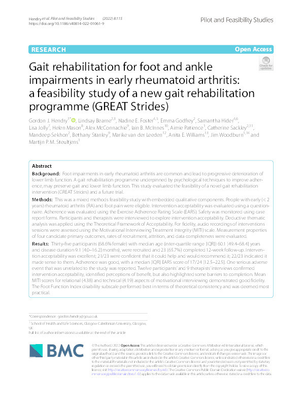 Gait rehabilitation for foot and ankle impairments in early rheumatoid arthritis: a feasibility study of a new gait rehabilitation programme (GREAT Strides). Thumbnail
