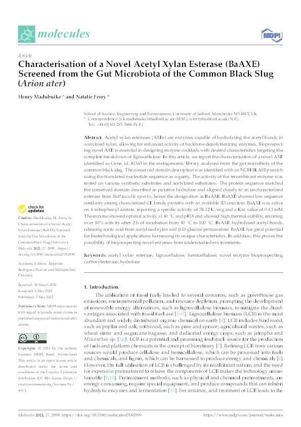Characterisation of a Novel Acetyl Xylan Esterase (BaAXE) screened from the Gut Microbiota of the Common Black Slug (Arion ater) Thumbnail