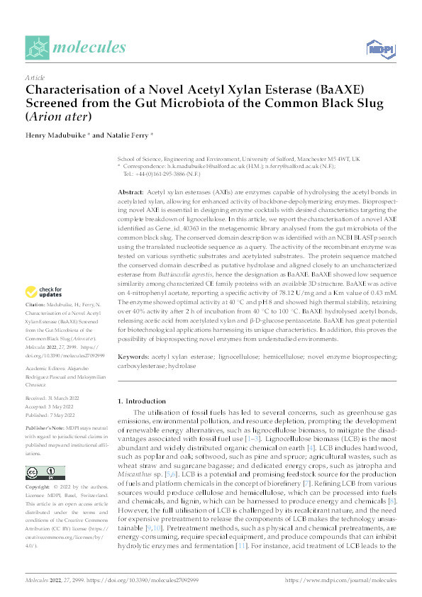 Characterisation of a Novel Acetyl Xylan Esterase (BaAXE) Screened from the Gut Microbiota of the Common Black Slug (Arion ater) Thumbnail