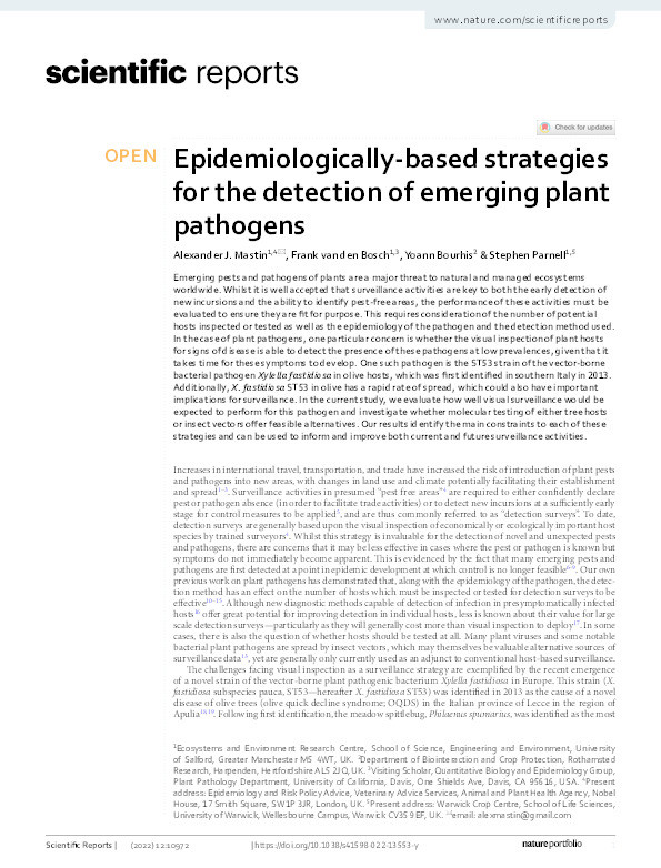 Epidemiologically-based strategies for the detection of emerging plant pathogens Thumbnail