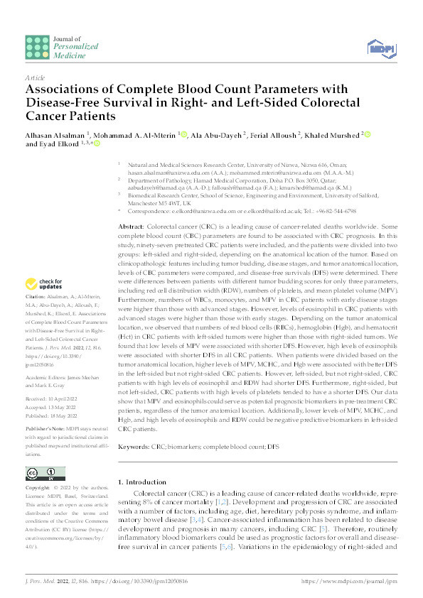 Associations of Complete Blood Count Parameters with Disease-Free Survival in Right- and Left-Sided Colorectal Cancer Patients Thumbnail