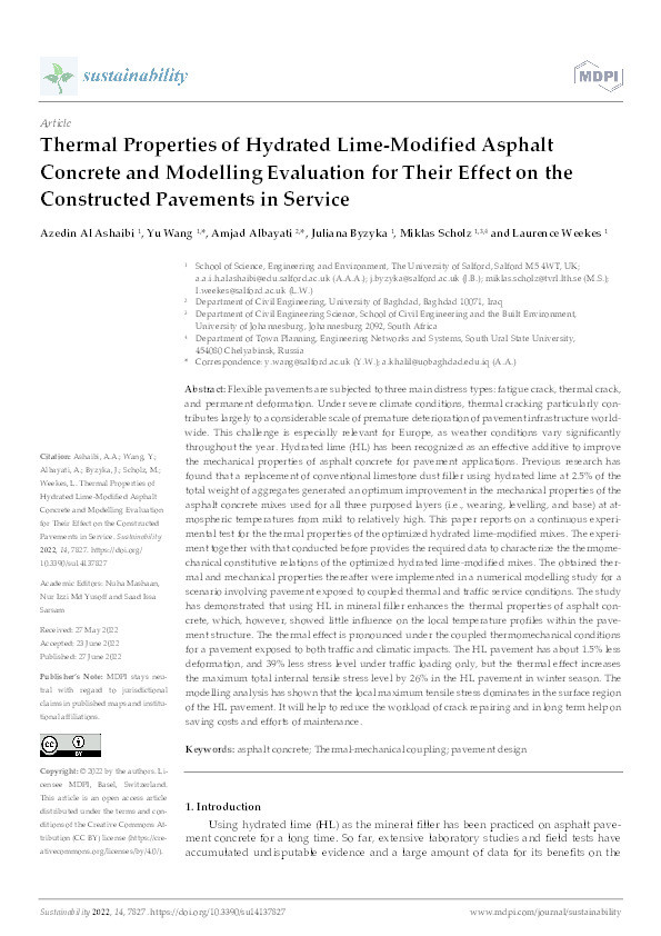 Thermal Properties of Hydrated Lime-Modified Asphalt Concrete and Modelling Evaluation for Their Effect on the Constructed Pavements in Service Thumbnail