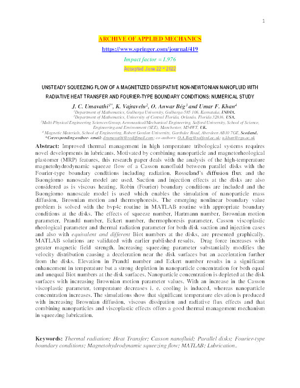 Unsteady squeezing flow of a magnetized dissipative non-Newtonian nanofluid with radiative heat transfer and fourier-type boundary conditions numerical study Thumbnail