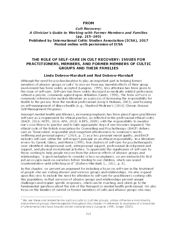 The role of self-care in cult recovery: issues for practitioners, members, and former members of cultic groups and their families Thumbnail