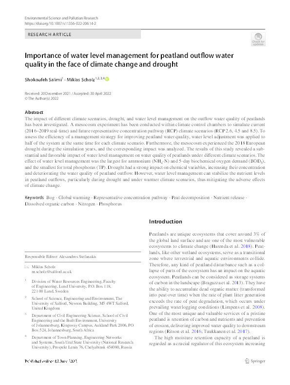 Importance of water level management for peatland outflow water quality in the face of climate change and drought. Thumbnail
