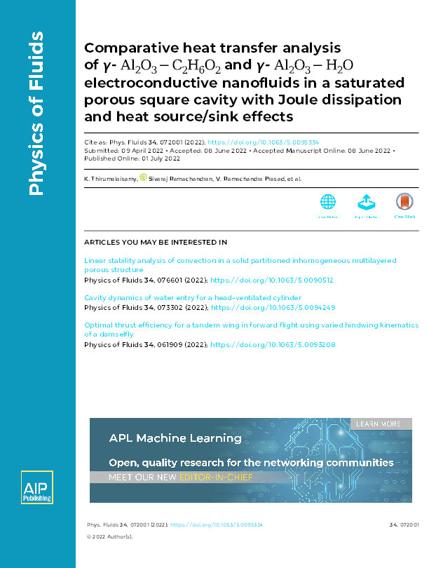 Comparative heat transfer analysis of γ-Al2O3 −C2H6O2 and γ-Al2O3 −H2O electroconductive nanofluids in a saturated porous square cavity with Joule dissipation and heat source/sink effects Thumbnail
