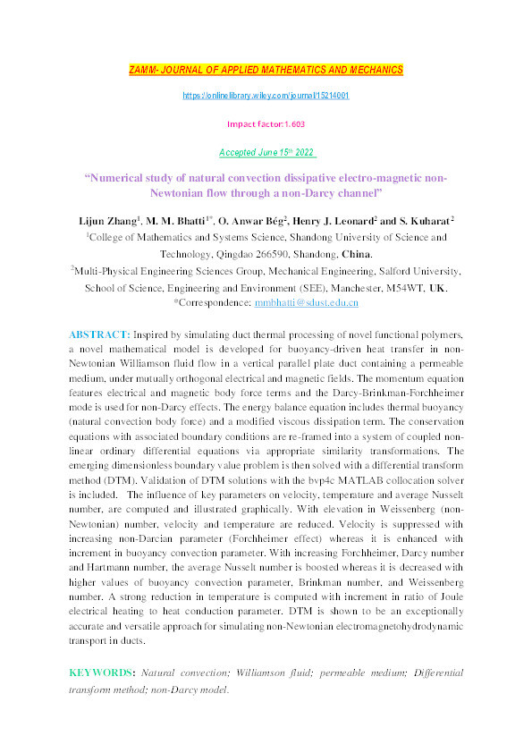 Numerical study of natural convection dissipative electro‐magnetic non‐Newtonian flow through a non‐Darcy channel Thumbnail