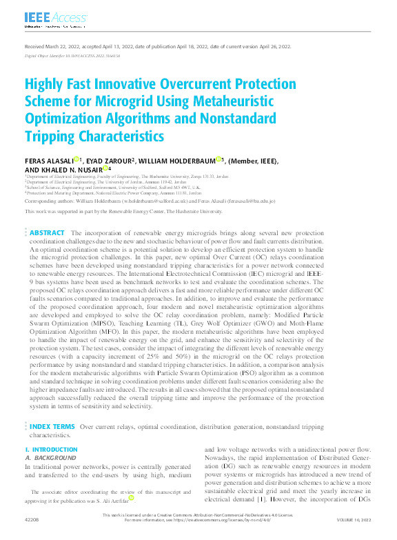Highly Fast Innovative Overcurrent Protection Scheme for Microgrid Using Metaheuristic Optimization Algorithms and Nonstandard Tripping Characteristics Thumbnail