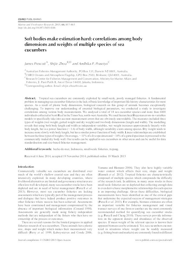 Soft bodies make estimation hard: Correlations among body dimensions and weights of multiple species of sea cucumbers Thumbnail