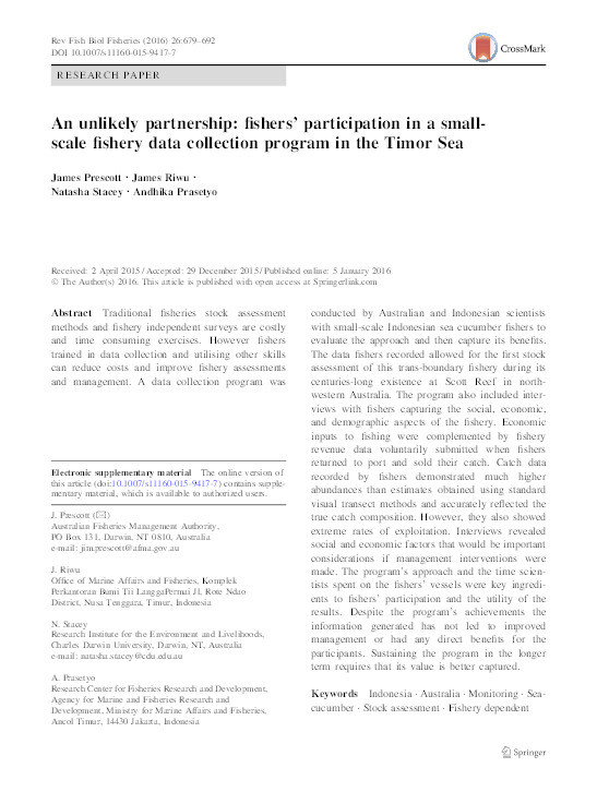 An unlikely partnership: fishers’ participation in a small-scale fishery data collection program in the Timor Sea Thumbnail