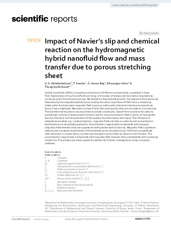 Impact of Navier’s slip and chemical reaction on the hydromagnetic hybrid nanofluid flow and mass transfer due to porous stretching sheet Thumbnail