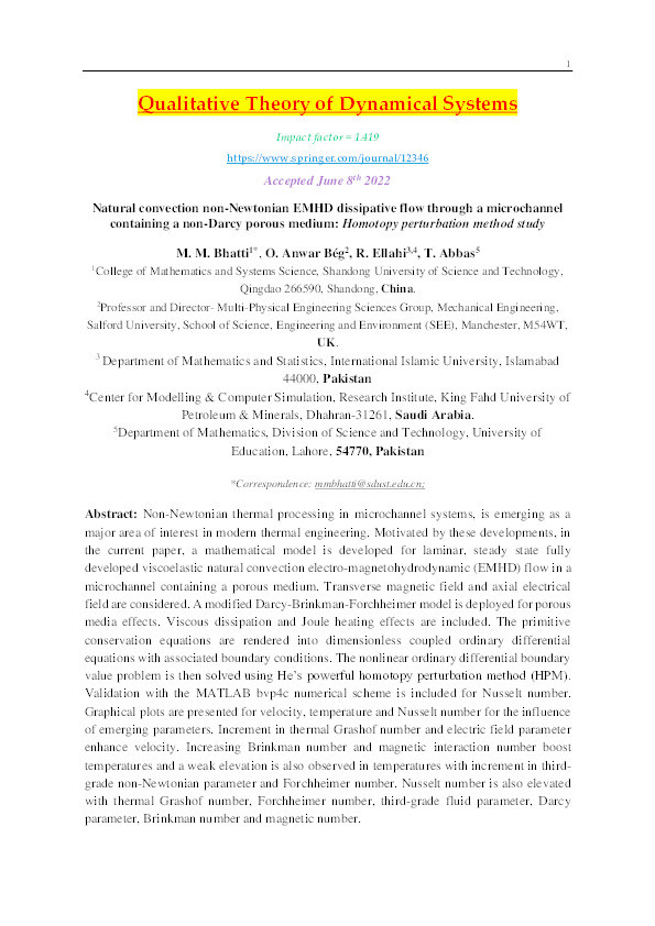 Natural convection non-Newtonian EMHD dissipative flow through a microchannel containing a non-Darcy porous medium: Homotopy perturbation method study Thumbnail