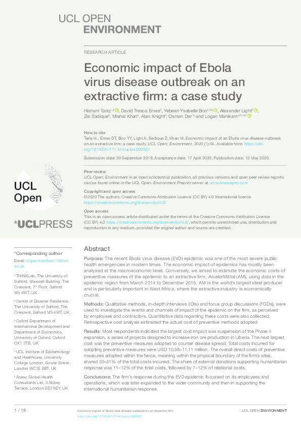 Economic impact of Ebola virus disease outbreak on an extractive firm: a case study Thumbnail