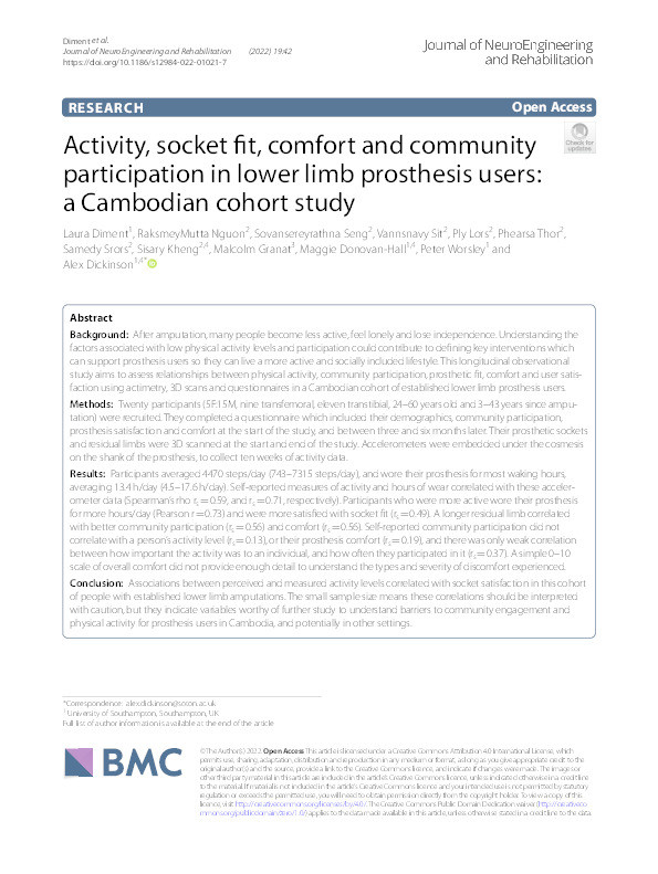 Activity, socket fit, comfort and community participation in lower limb prosthesis users: a Cambodian cohort study. Thumbnail