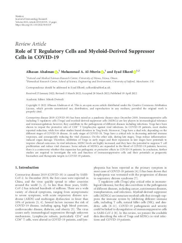 Role of T regulatory cells and myeloid-derived suppressor cells in COVID-19. Thumbnail
