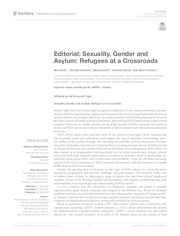 Editorial: sexuality, gender and asylum: refugees at a crossroads Thumbnail