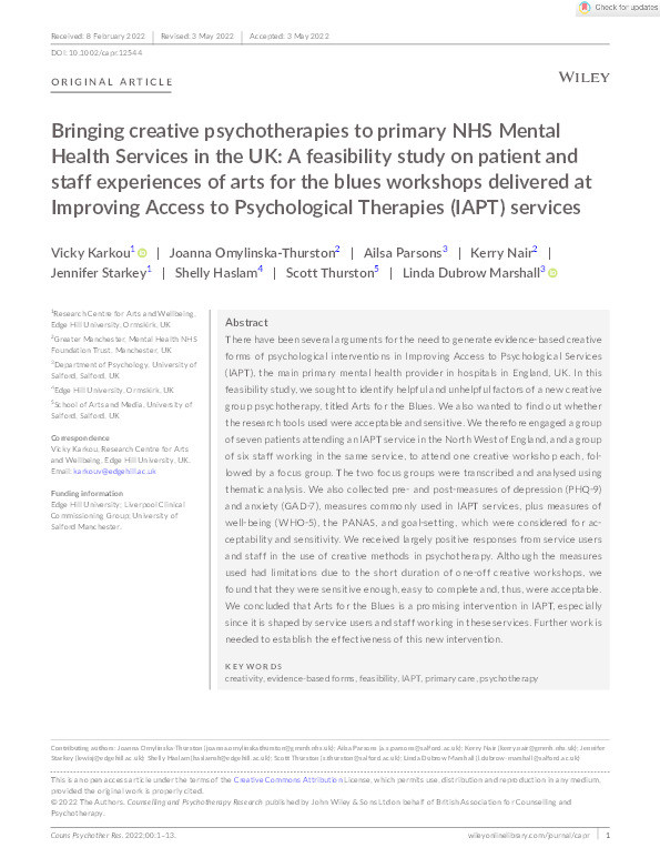 Bringing creative psychotherapies to primary NHS Mental Health Services in the UK : a feasibility study on patient and staff experiences of arts for the blues workshops delivered at Improving Access to Psychological Therapies (IAPT) services Thumbnail