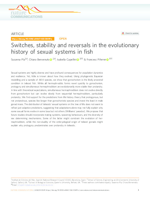 Switches, stability and reversals in the evolutionary history of sexual systems in fish Thumbnail