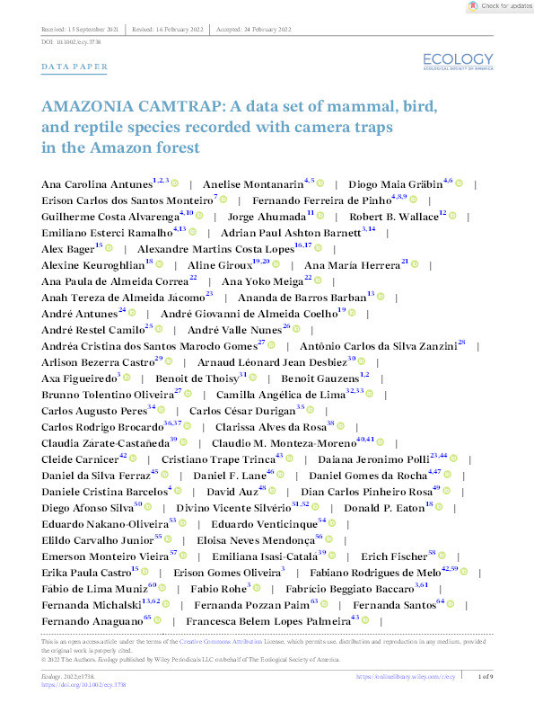 Amazonia camtrap: A dataset of mammal, bird, and reptile species recorded with camera traps in the Amazon forest. Thumbnail