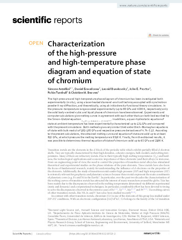 Characterization of the high-pressure and high-temperature phase diagram and equation of state of chromium. Thumbnail