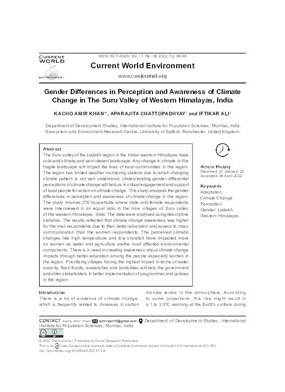 Gender differences in perception and awareness of climate change in the Suru valley of Western Himalayas, India Thumbnail