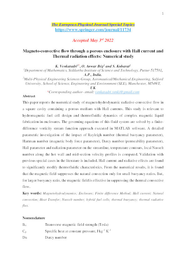 Magneto-convective flow through a porous enclosure with Hall current and Thermal radiation effects : numerical study Thumbnail