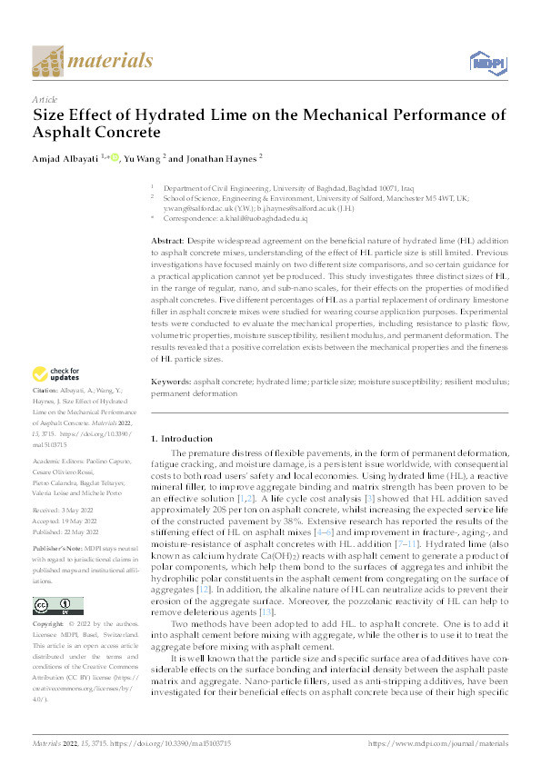 Size effect of hydrated lime on the mechanical performance of
asphalt concrete Thumbnail