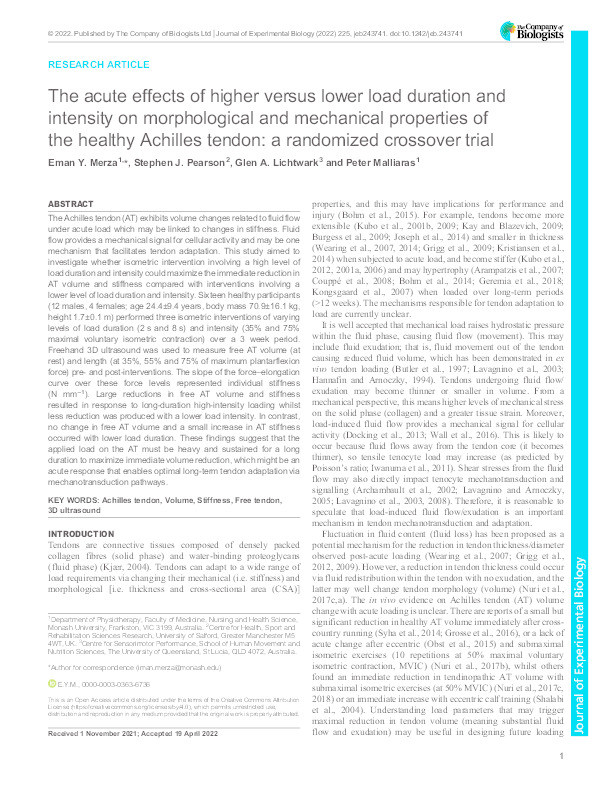 The acute effects of higher versus lower load duration and intensity on morphological and mechanical properties of the healthy Achilles tendon: a randomized crossover trial Thumbnail
