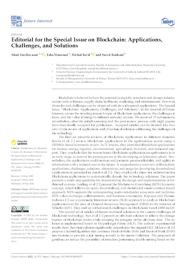 Editorial for the special issue on Blockchain: applications, challenges, and solutions Thumbnail