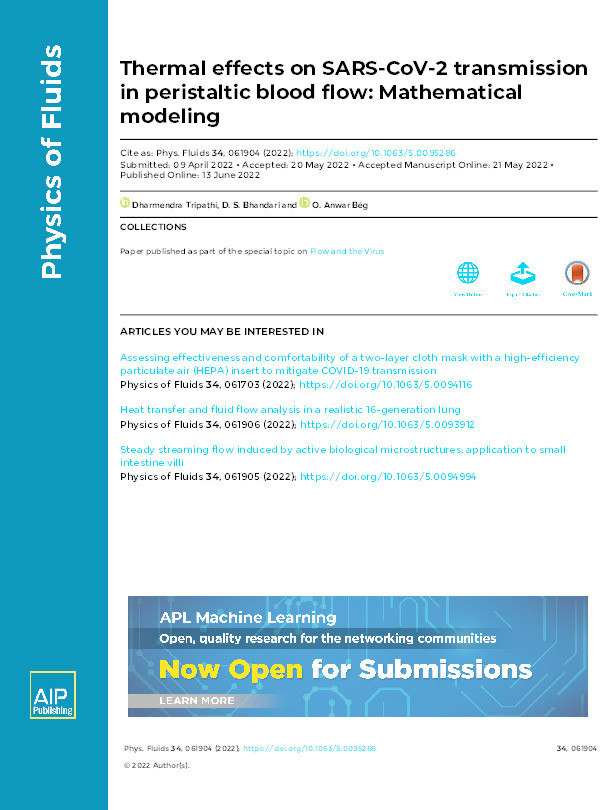 Thermal effects on SARS-CoV-2 transmission in peristaltic blood flow : mathematical modelling Thumbnail