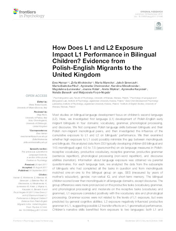 How Does L1 and L2 Exposure Impact L1 Performance in Bilingual Children? Evidence from Polish-English Migrants to the United Kingdom Thumbnail