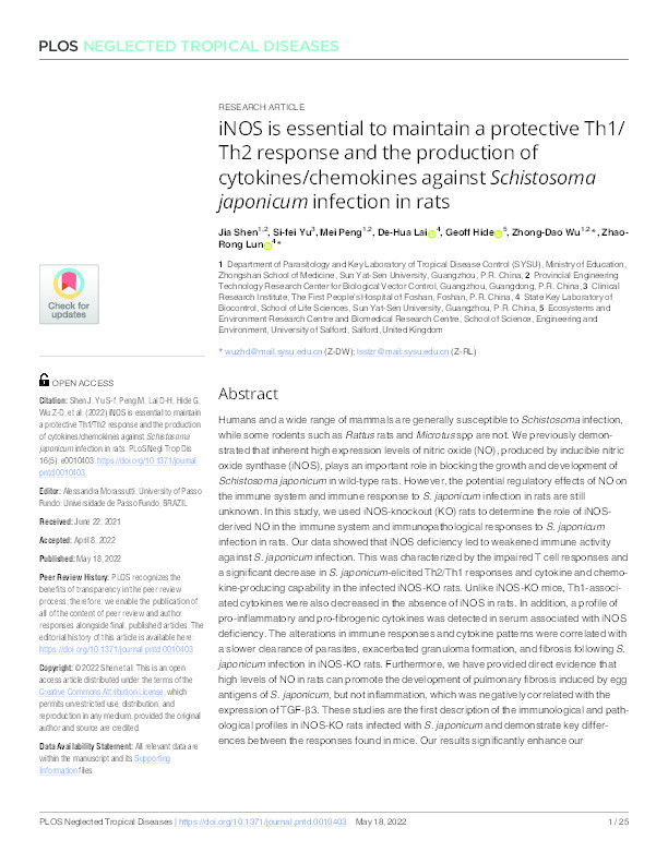iNOS is essential to maintain a protective Th1/Th2 response and the production of cytokines/chemokines against Schistosoma japonicum infection in rats Thumbnail