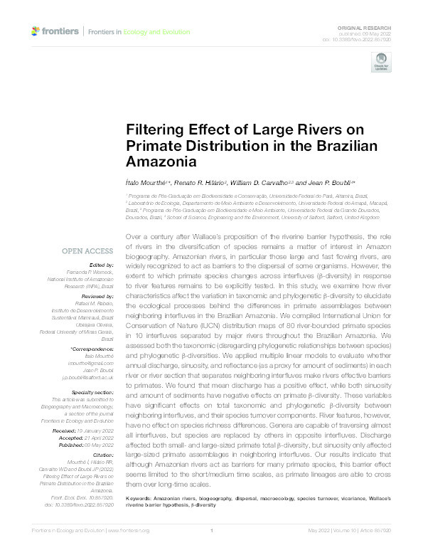 Filtering effect of large rivers on primate distribution in the Brazilian Amazonia Thumbnail