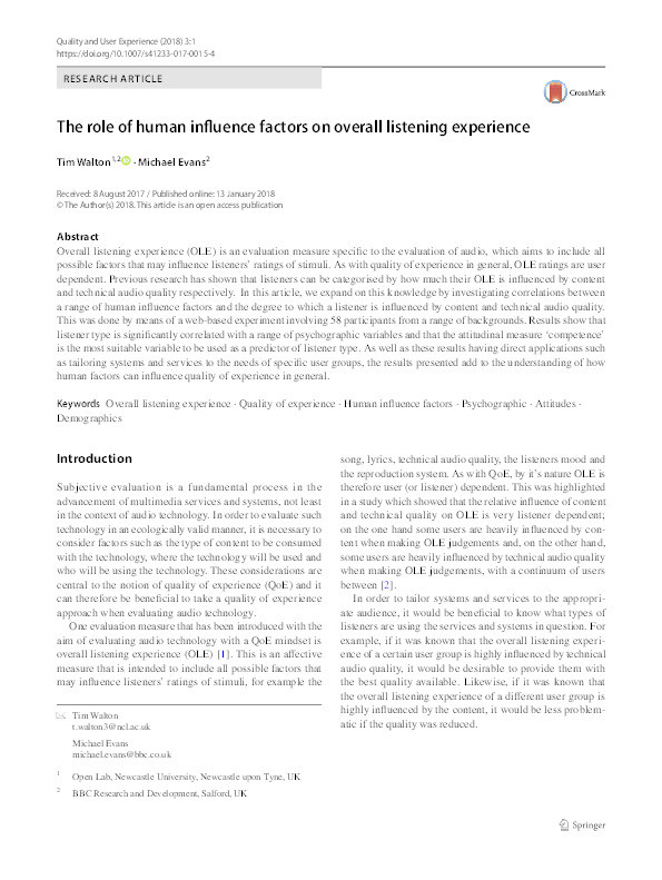 The role of human influence factors on overall listening experience Thumbnail