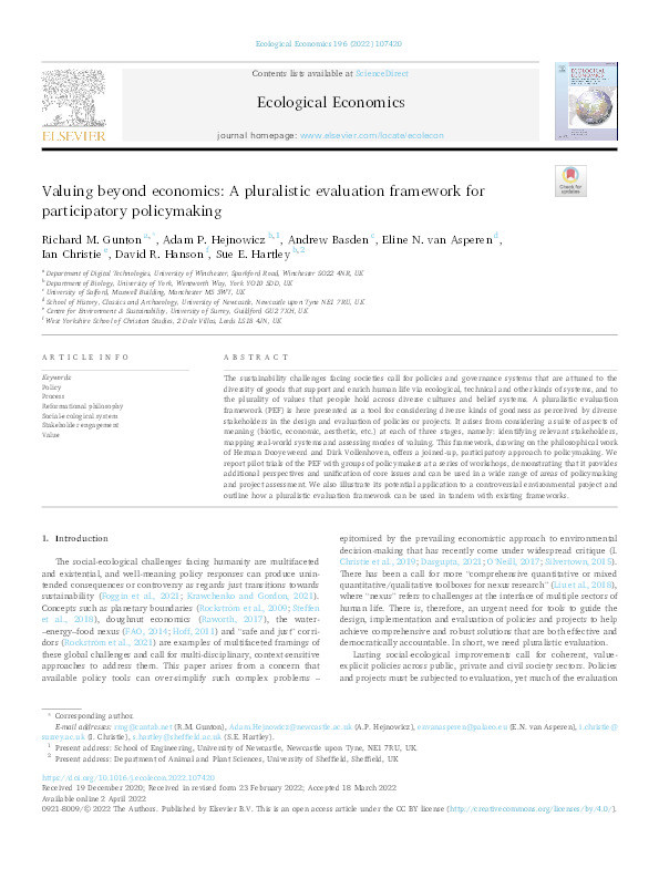 Valuing beyond economics : a pluralistic evaluation framework for participatory policymaking Thumbnail