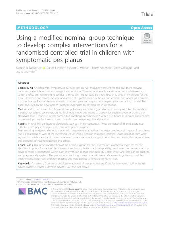 Using a modified nominal group technique to develop complex interventions for a randomised controlled trial in children with symptomatic pes planus. Thumbnail