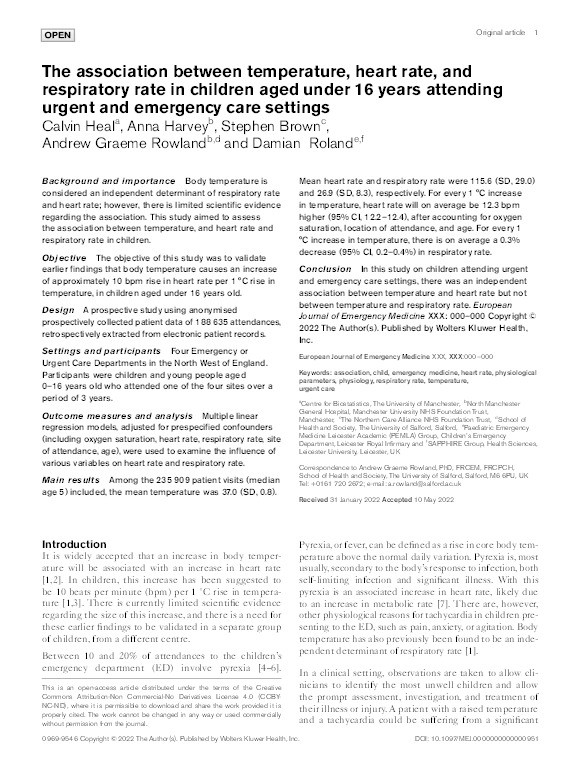 The association between temperature, heart rate, and respiratory rate in children aged under 16 years attending urgent and emergency care settings Thumbnail