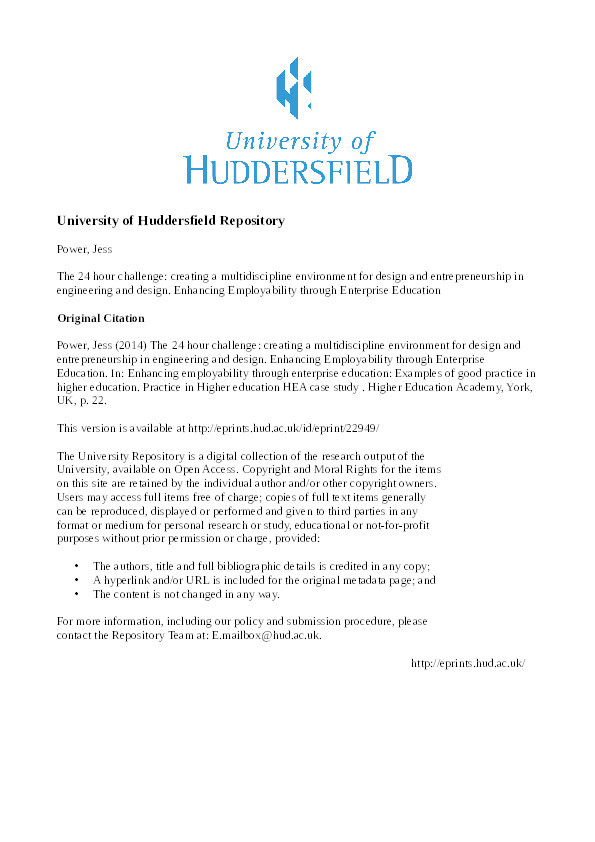 The 24 hour challenge : creating a multidiscipline environment for design and entrepreneurship in engineering and design Thumbnail