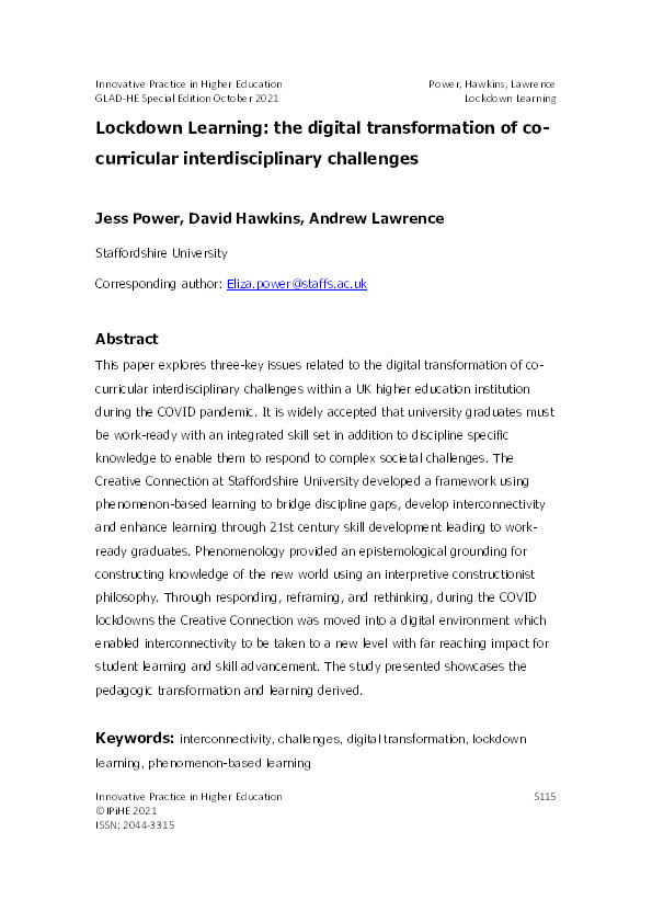 Lockdown learning : the digital transformation of co-curricular interdisciplinary challenges Thumbnail