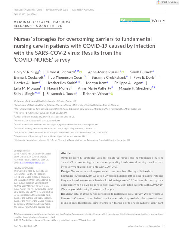 Nurses’ strategies for overcoming barriers to fundamental nursing care in patients with COVID-19 caused by infection with the SARS-COV-2 virus: Results from the ‘COVID-NURSE’ survey Thumbnail