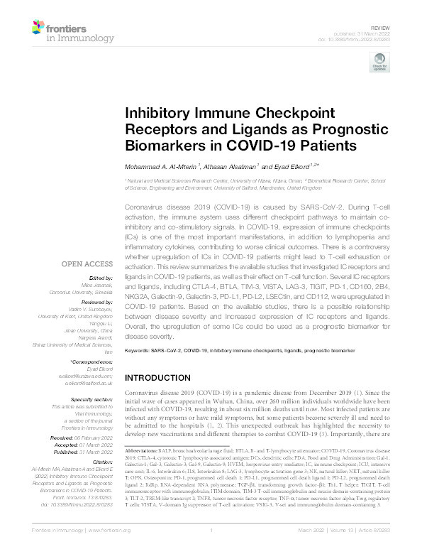 Inhibitory Immune Checkpoint Receptors and Ligands as Prognostic Biomarkers in COVID-19 Patients. Thumbnail