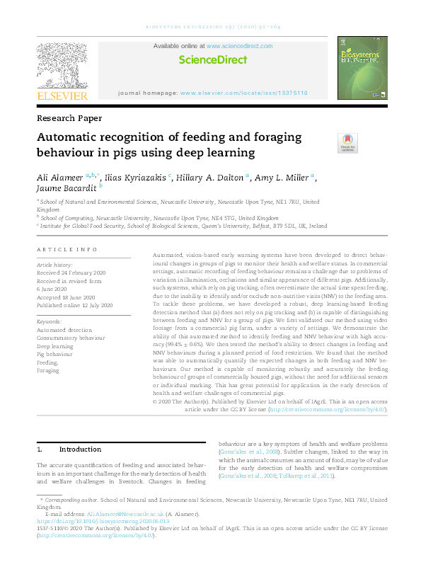 Automatic recognition of feeding and foraging behaviour in pigs using deep learning Thumbnail